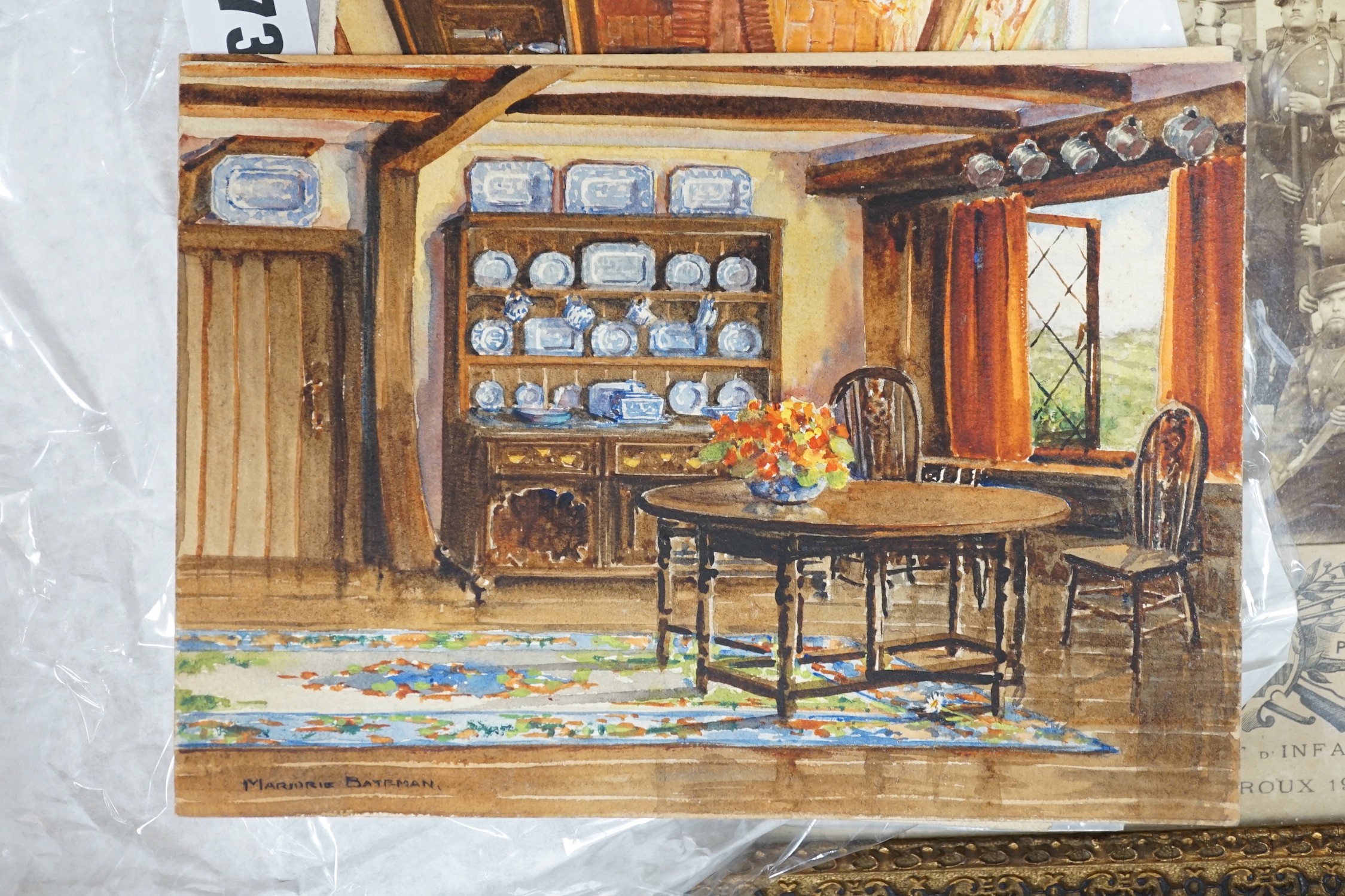 Marjorie Bateman, set of seven original watercolour artworks for postcards, Cottage interiors, largest 19.5 x 14cm, unframed